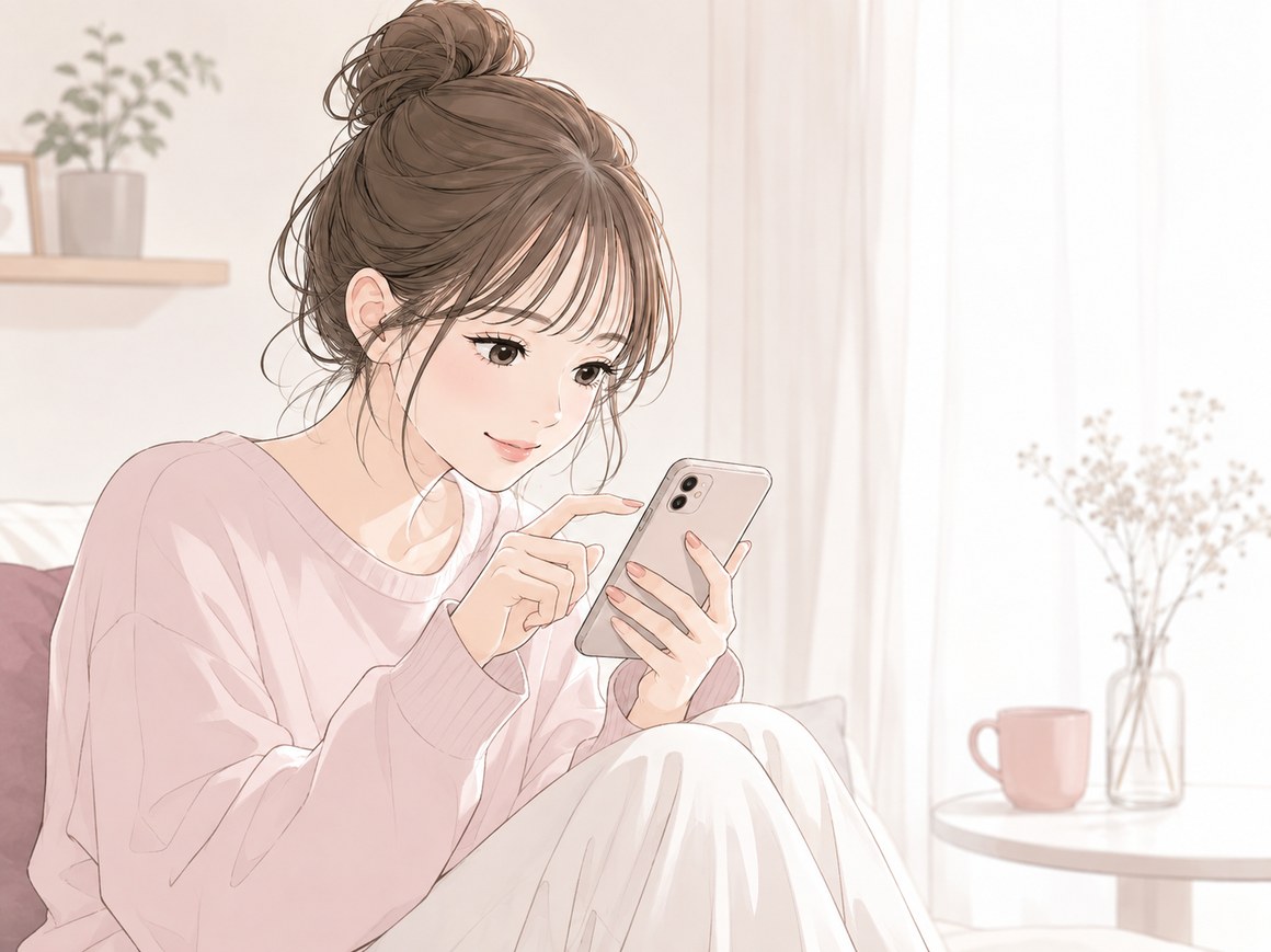 お部屋でスマホを見ながらリラックスする女性